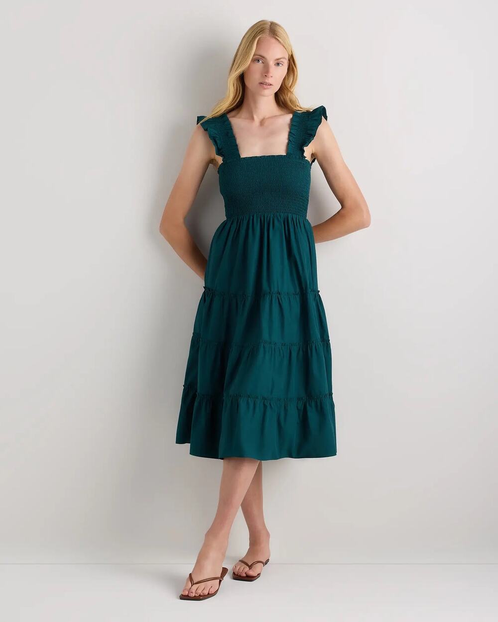 NWOT Quince Organic Cotton Smocked Midi Dress M Ocean Green Cottagecore Ruffle